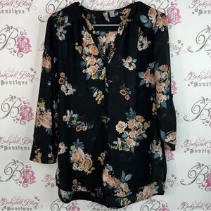 Tacera long sleeve flowers orange yellow Black Floral Women's Blouse floral